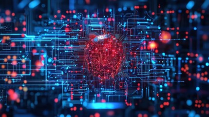 Abstract Digital Network Sphere with Glowing Red and Blue Circuitry