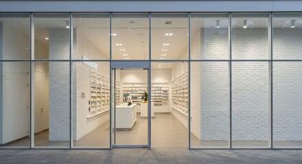 Modern Pharmacy Store Front with Glass Facade - Clean, bright pharmacy interior with modern glass and white brick design. Concepts: health, wellness, medicine, retail, contemporary