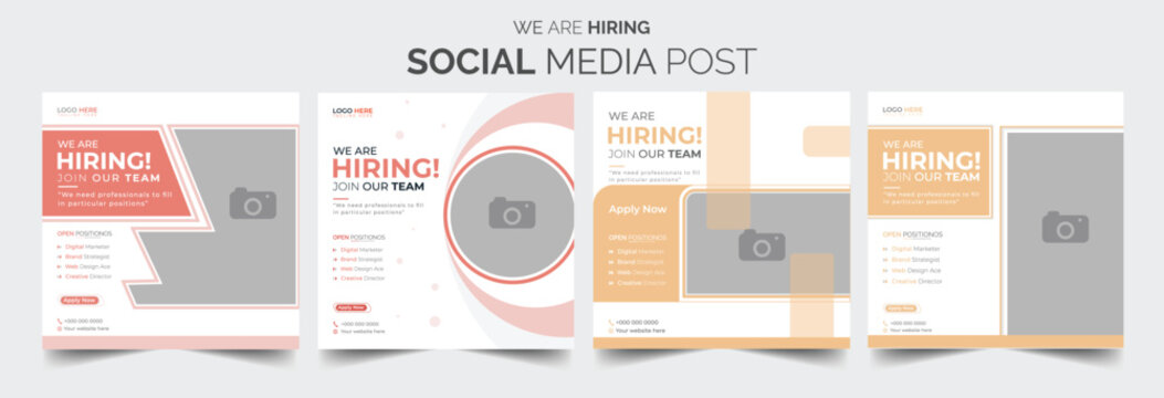 Join our team banners. We are hiring communication poster, help wanted advertising banner with speaker and vacant badge. Hr recruiting hire, vacancy job offer isolated vector signs set