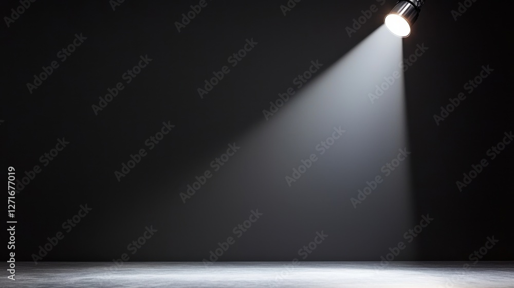 Poster black studio background illuminated concept, single illuminated spot light on black studio backgroun