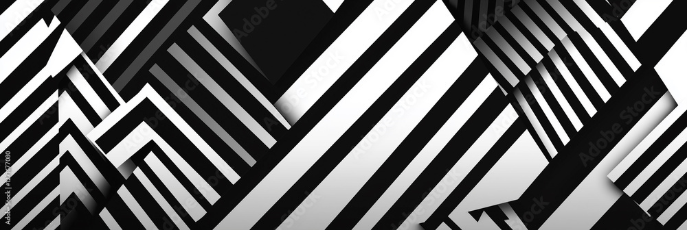 Poster black and white image of a pattern of squares and stripes. the image is abstract and has a modern fe