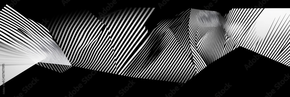 Poster black and white image of a mountain range with a white stripe running through it. the image is abstr