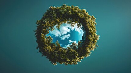 Circular Earth surrounded by trees, aerial view, blue sky