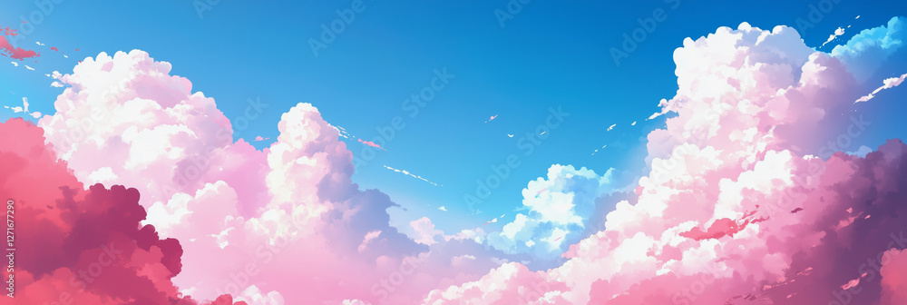 Poster beautiful blue sky with pink clouds. the sky is filled with fluffy clouds that look like they are fl