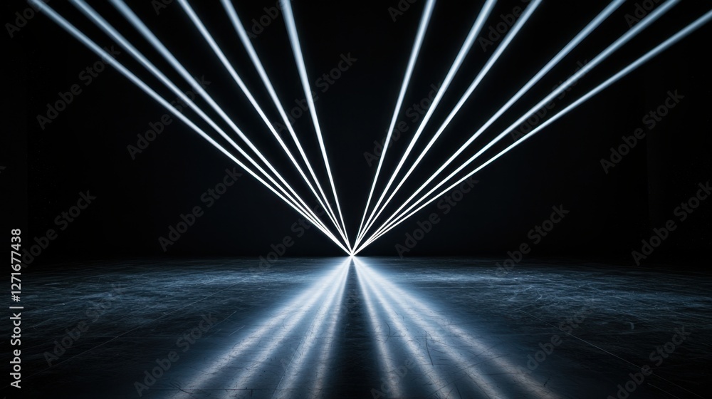 Poster black studio background illuminated concept, dramatic intersecting white beams illuminating a black 