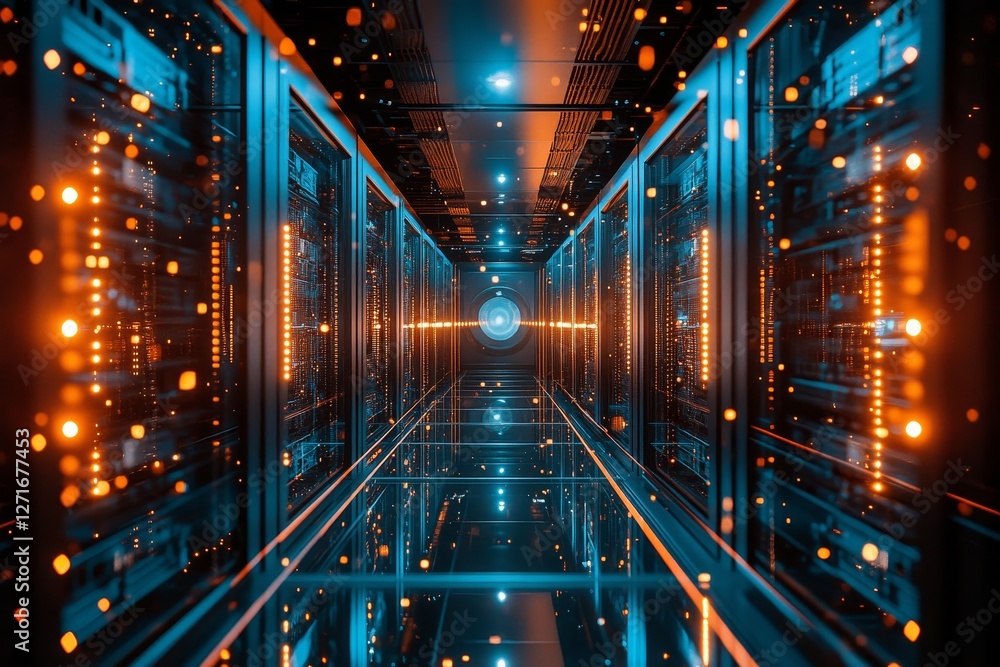 Poster futuristic data center corridor with illuminated server racks