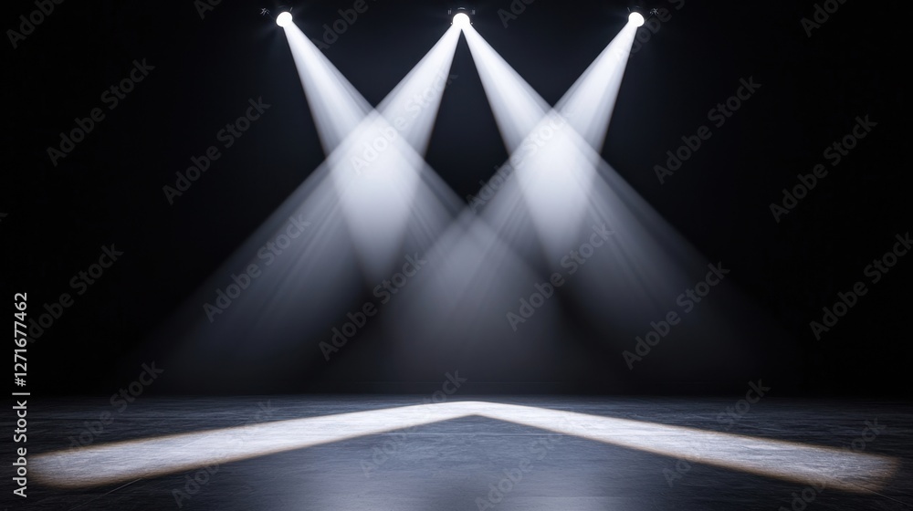 Poster black studio background illuminated concept, black studio with illuminated white beams intersecting 