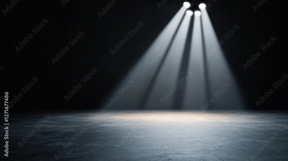 Poster black studio background illuminated concept, black studio with illuminated white beams creating dram