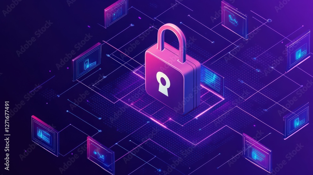 Poster isometric digital data protection: padlock on a glowing network grid