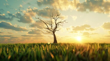 Sunset with a lone tree: Perfect background for book covers, posters with inspirational quotes or promotional materials related to ecology and nature.