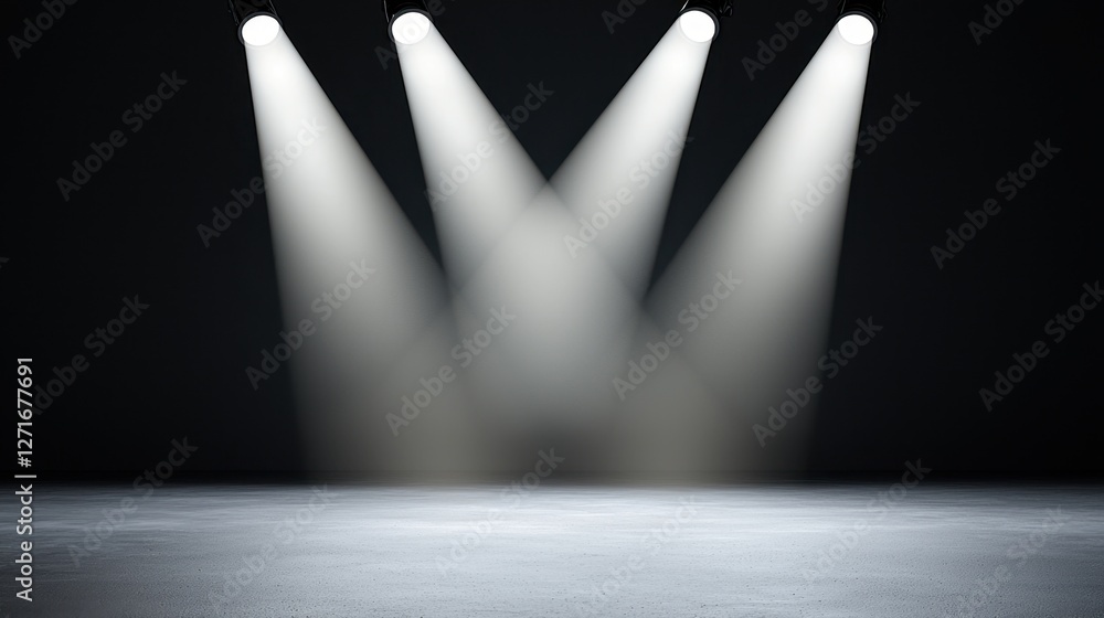 Poster black studio background illuminated concept, dramatic studio setting with multiple sharp white spotl