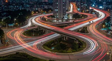 Obraz premium Night City Highway Interchange - Stunning long exposure shot of a complex highway interchange at night, showcasing vibrant light trails from moving vehicles