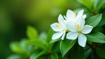 Fototapeta premium Delicate white azalea blooms unfolding on a lush green shrub, bloom, garden