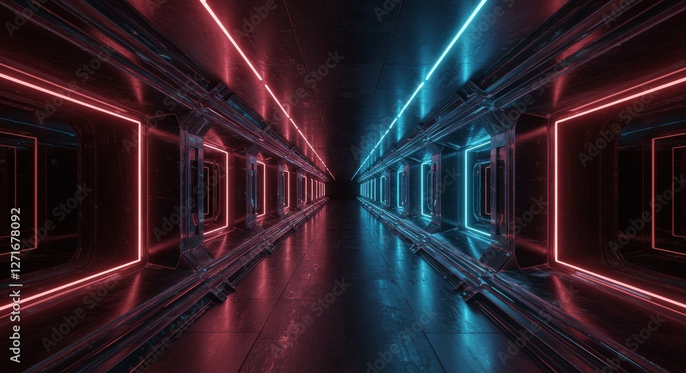 Poster neon corridor abstract art - futuristic glowing neon lights illuminate a reflective metallic corrido