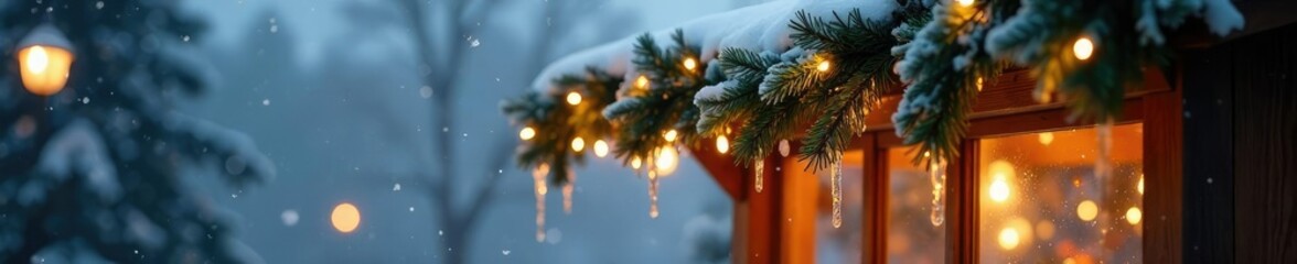 Festive Christmas decorations on the wooden kiosk's roof with icicles hanging down, winter, decorations