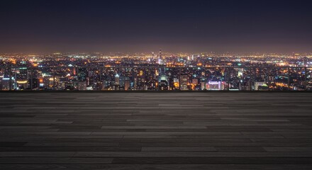 Fototapeta premium Night City Skyline Panoramic View from Wooden Terrace - Urban cityscape at night, viewed from a high vantage point. A wooden terrace provides a foreground, symbolizing peace, opportunity, perspective