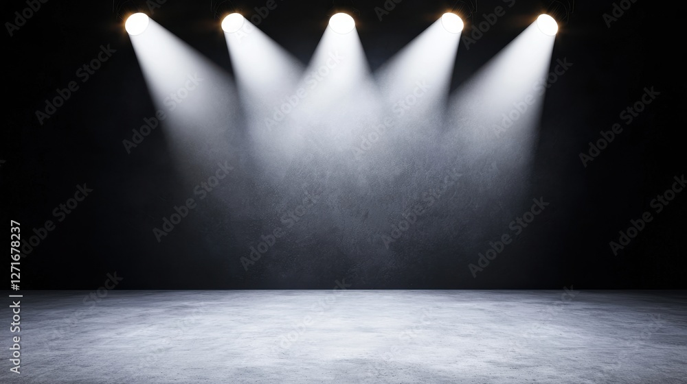 Poster black studio background illuminated concept, dramatic illuminated stage with sharp white spotlights 