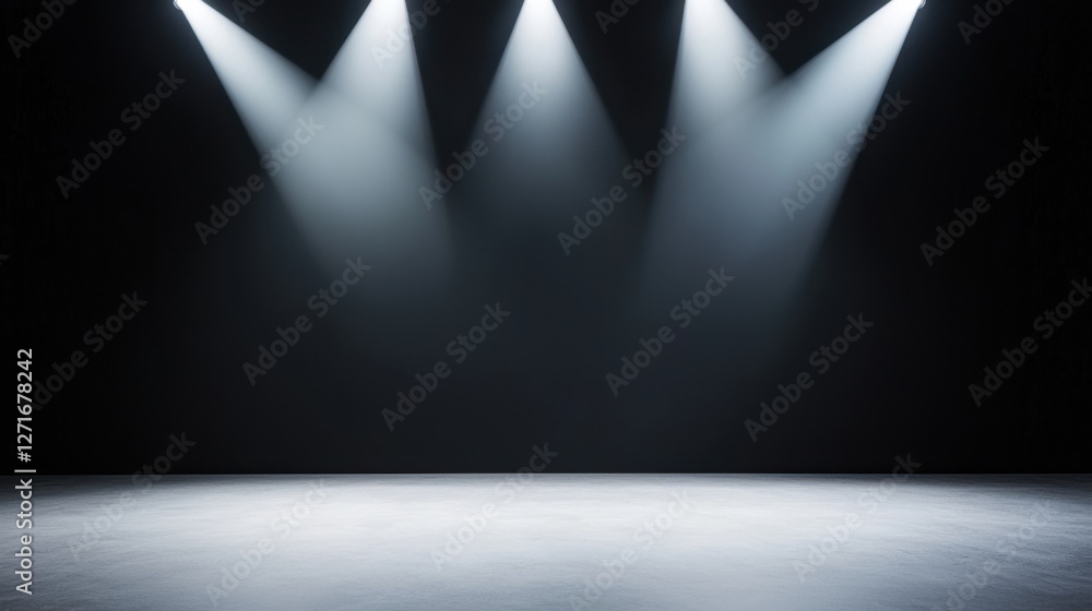 Poster black studio background illuminated concept, bright spotlights illuminating empty stage with dramati