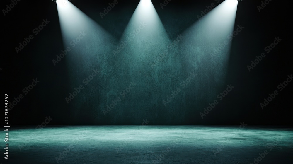 Poster black studio background illuminated concept, dramatic scene featuring sharp white spotlights illumin