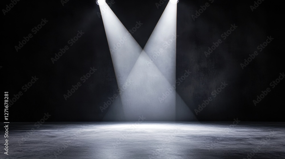 Poster black studio background illuminated concept, illuminated stage with sharp white spotlights cutting t