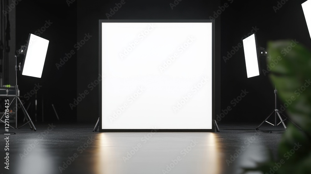 Poster black studio background illuminated concept, industrial black studio with glowing white light and em