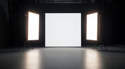 Black Studio Background Illuminated Concept, Industrial Studio Setup with Glowing White Light and Black Background for Creative Photography Sessions
