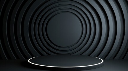 Black Studio Background Illuminated Concept, Modern Studio Backdrop with Black Concentric Rings and Circular Platform for Creative Displays