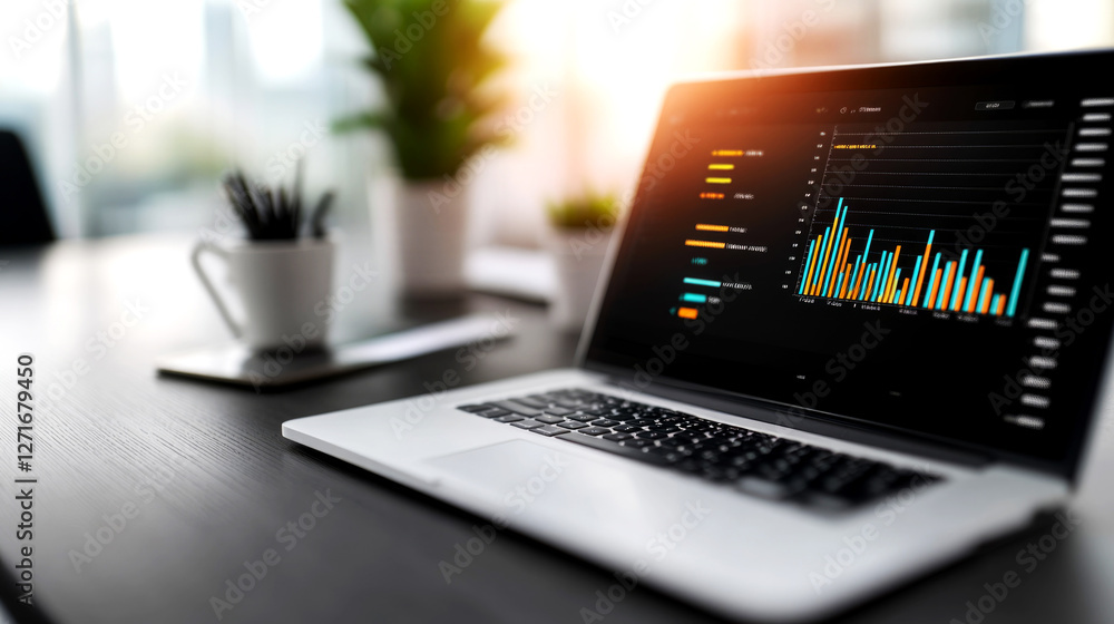 Poster data analysis in a modern office setting with a computer desk and laptop showcasing business growth 