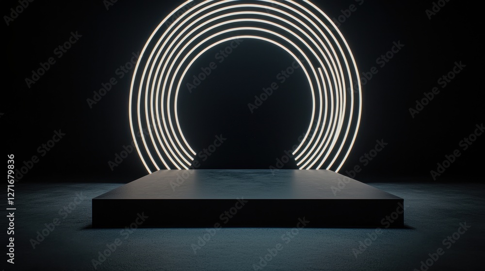 Aufkleber black studio background illuminated concept, illuminated black stage setup with concentric white cir