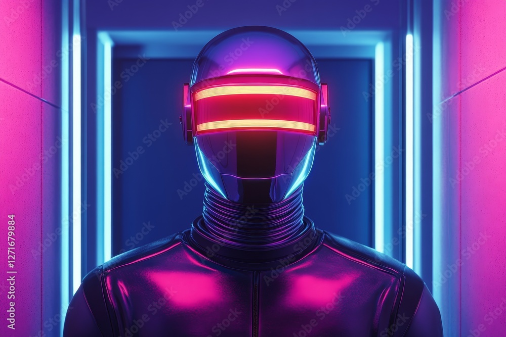 Poster futuristic robot with neon lights in a dark corridor setting