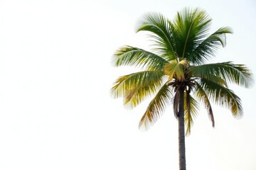 Palm tree sways gently in the breeze on a serene white background, nature, palm tree