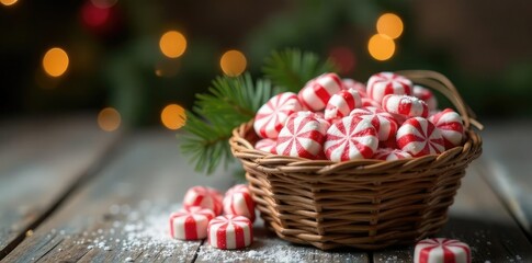 Peppermint sweets in a festive Christmas basket, cozy, Christmas