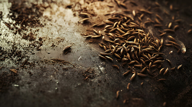 A scattering of cumin seeds on a textured surface, emphasizing their natural shape and earthy tones.