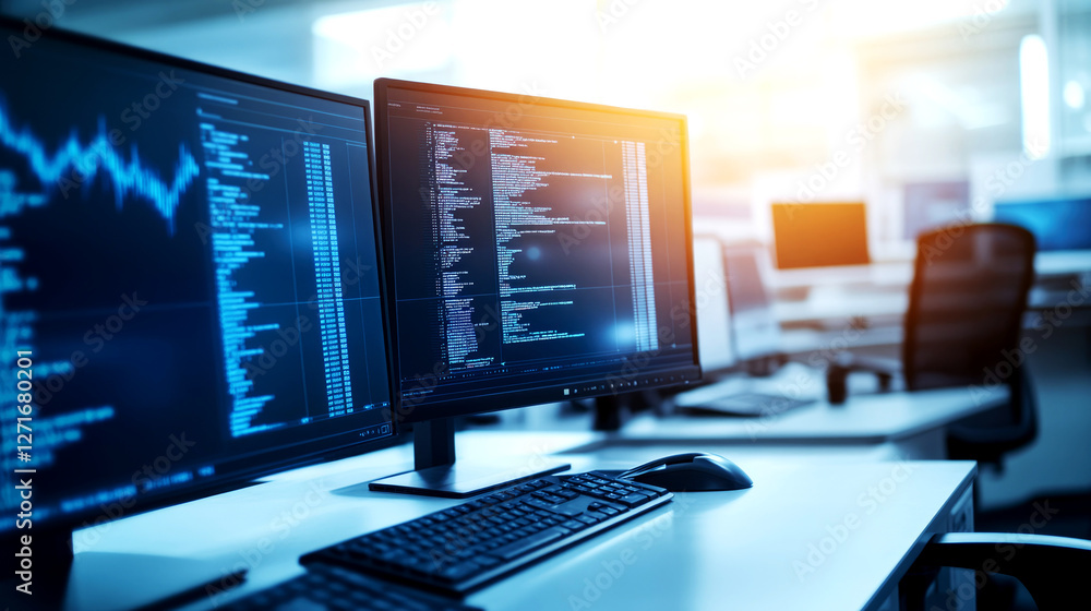 Poster dynamic office workspace with dual monitors modern desk setup technology environment bright lighting