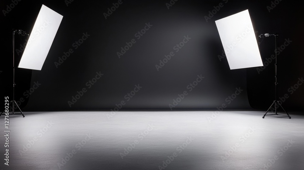 Poster black studio background illuminated concept, softly diffused white light in black studio setup with 