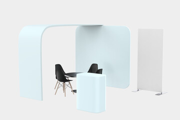 Exhibition Booth For Mock-up, Empty Retail Trade Stand, Reception Or Counter For Helping Service. 3D illustration