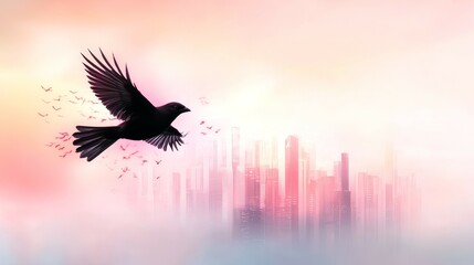 Fototapeta premium digital assets concept. A bird flies over a hazy cityscape at sunset, creating a serene and artistic atmosphere.