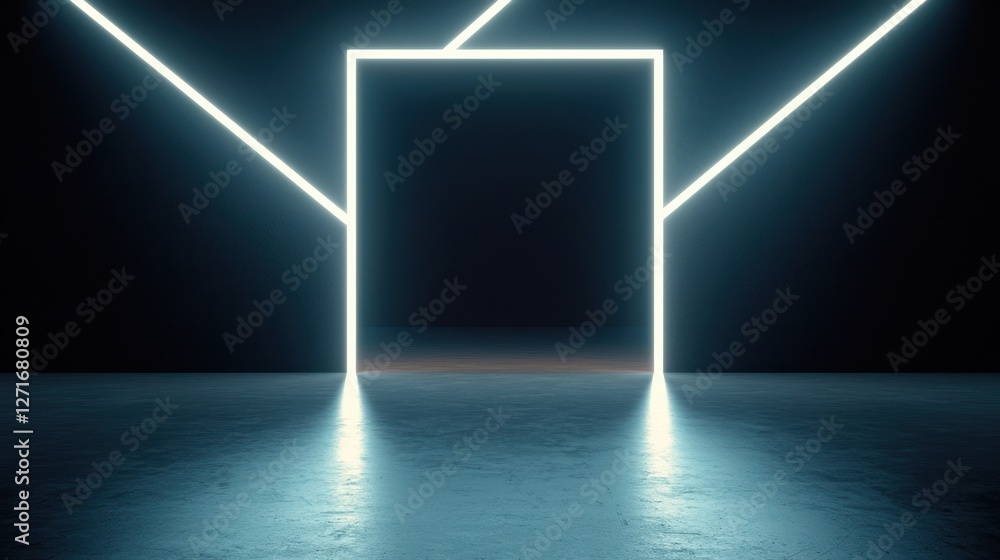 Poster black studio background illuminated concept, futuristic black studio with intersecting white light l