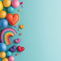 Bright and vibrant arrangement of colorful shapes, including balloons, hearts, and a rainbow, set against a soft blue background, perfect for celebrations.
