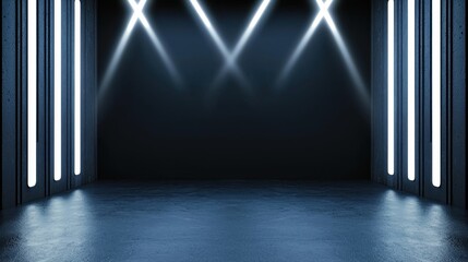 Black Studio Background Illuminated Concept, Futuristic Black Studio with Intersecting White Lights and Sleek Design for Creative Environments