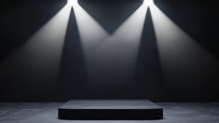 Obraz premium Black Studio Background Illuminated Concept, Modern Studio Setup with Black Platform and Crisp White Spotlights for Professional Photography Shoots