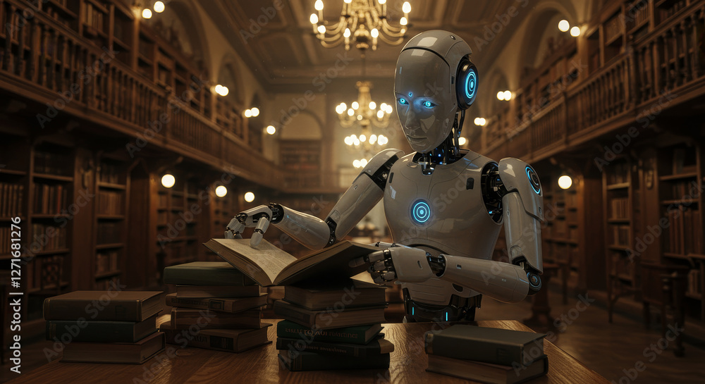 Aufkleber robot reading in grand library - a futuristic robot sits at a table in a grand library, carefully ex