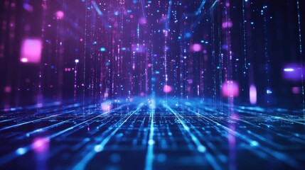 Obraz premium Futuristic Digital Background with Blue and Purple Glowing Grid and Floating Data Particles for Technology and AI-Themed Advertisements