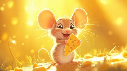 A cute cartoon contented mouse holds a piece of triangular cheese with a smiling contented face. Children's illustration, close-up. Bright sunlight