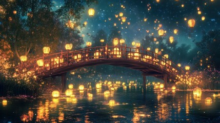 Magical lanterns illuminate arched bridge, night, fantasy