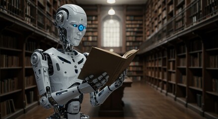 Fototapeta premium Robot Reading in Library - A futuristic robot sits in a grand library, carefully reading a book. It depicts the concept of artificial intelligence and knowledge