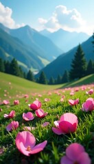 Fototapeta premium Soft pink rose petals scattered on a serene mountain meadow, landscape, mountains