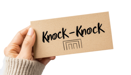 Engaging knock-knock joke card home office graphic design creative workspace close-up view transparent background
