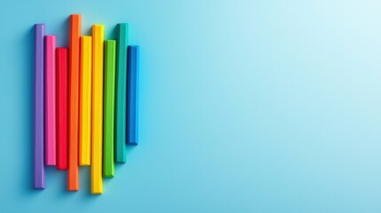 A vibrant arrangement of colorful sticks creates a playful and artistic display against a soft blue background, perfect for design and education themes.