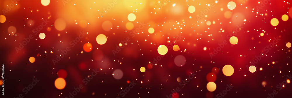 Poster red background with many small orange dots. the dots are scattered all over the background, creating